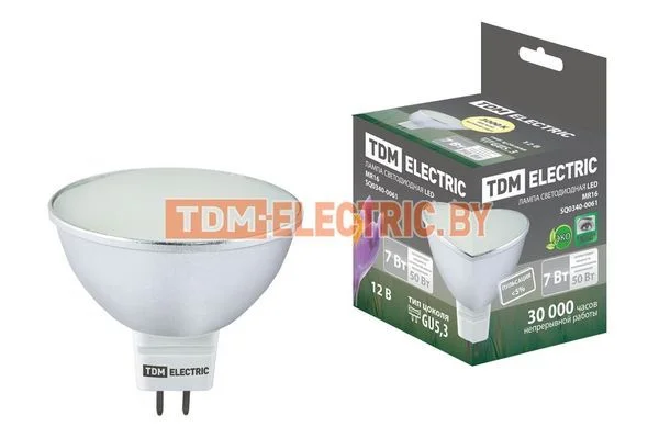 Лампа светодиодная MR16-7 Вт-12 В -3000 К–GU 5,3 SMD (с матовым стеклом) TDM SQ0340-0061