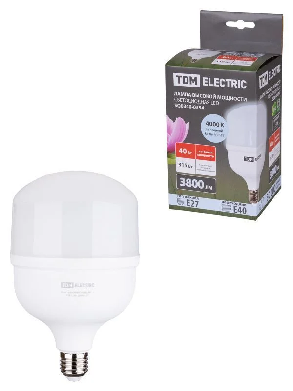 Лампа светодиодная T 40 Вт, 230 В, 4000 К, E27 (120×190 мм) TDM SQ0340-0354.