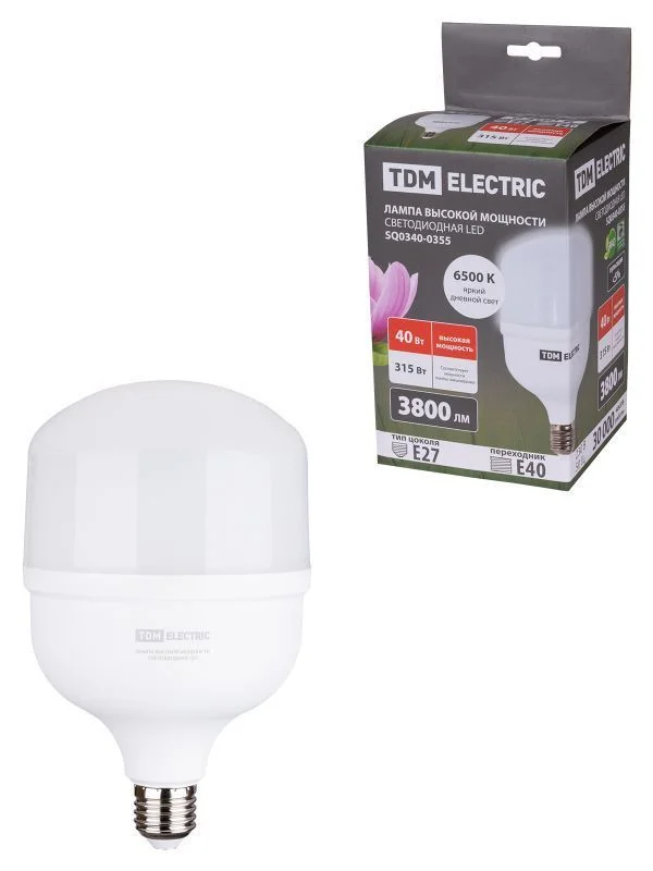 Лампа светодиодная T 40 Вт, 230 В, 6500 К, E27 (120×190 мм) TDM SQ0340-0355.