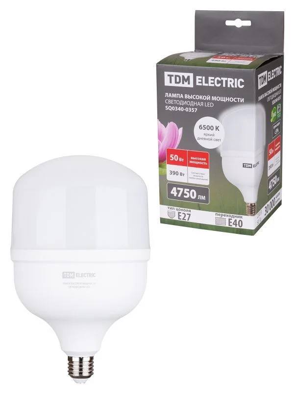 Лампа светодиодная T 50 Вт, 230 В, 6500 К, E27 (140×225 мм) TDM SQ0340-0357.