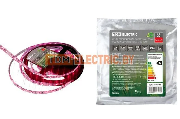 Лента светодиодная SMD2835-60 LED/м-IP20-12 В-4,8 Вт/м-красный (5 м) TDM SQ0331-0303