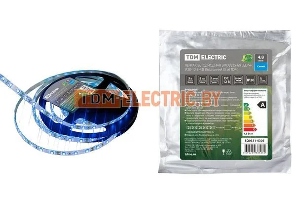 Лента светодиодная SMD2835-60 LED/м-IP20-12 В-4,8 Вт/м-синий (5 м) TDM SQ0331-0305