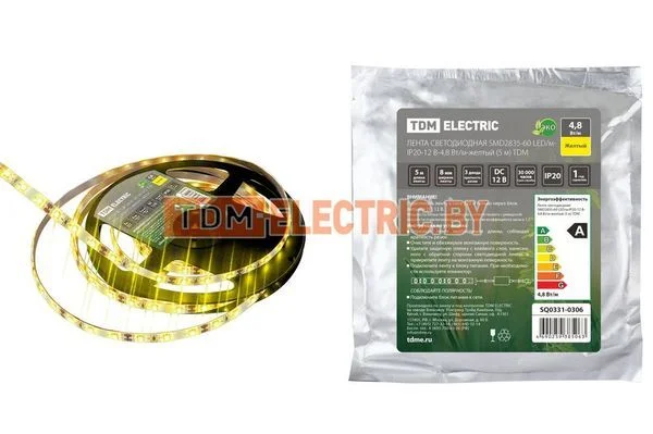 Лента светодиодная SMD2835-60 LED/м-IP20-12 В-4,8 Вт/м-желтый (5 м) TDM SQ0331-0306