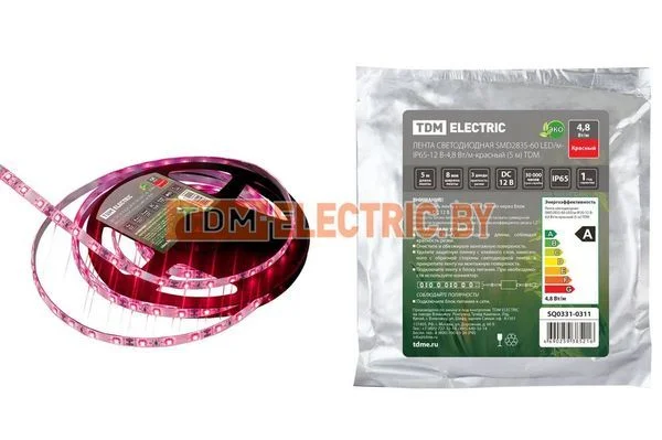 Лента светодиодная SMD2835-60 LED/м-IP65-12 В-4,8 Вт/м-красный (5 м) TDM SQ0331-0311