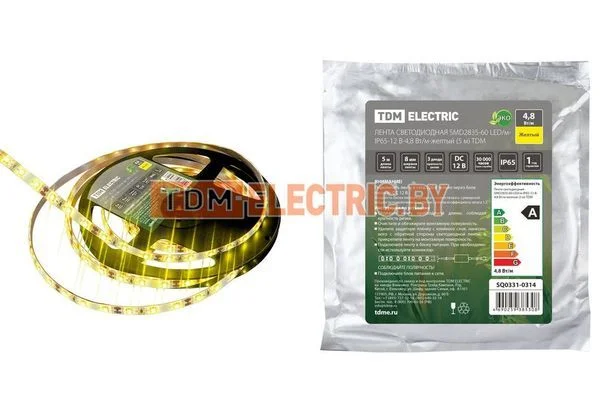 Лента светодиодная SMD2835-60 LED/м-IP65-12 В-4,8 Вт/м-желтый (5 м) TDM SQ0331-0314