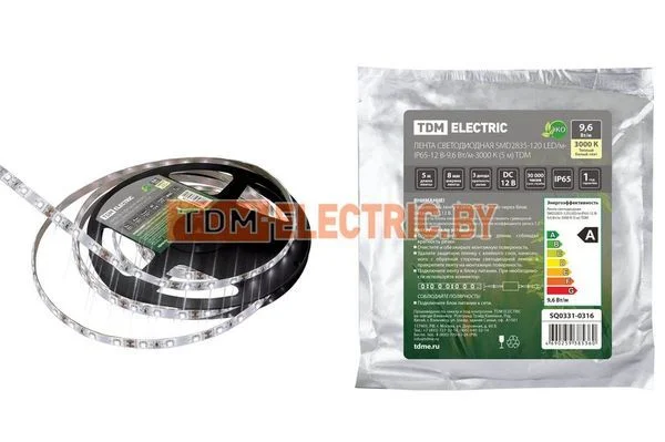 Лента светодиодная SMD2835-120 LED/м-IP65-12 В-9,6 Вт/м-3000 К (5 м) TDM SQ0331-0316
