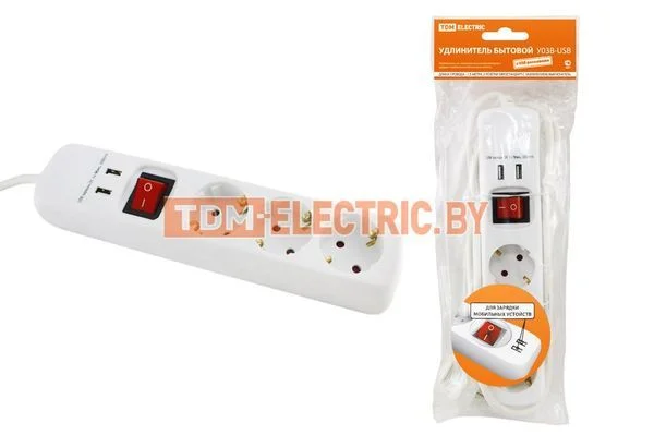 Удлинитель бытовой У03В-USB 3 гнезда, 2USB разъема, 1,5 метра, вык., з/к, ПВС 3х1мм2 16А/250В TDM SQ1303-0301