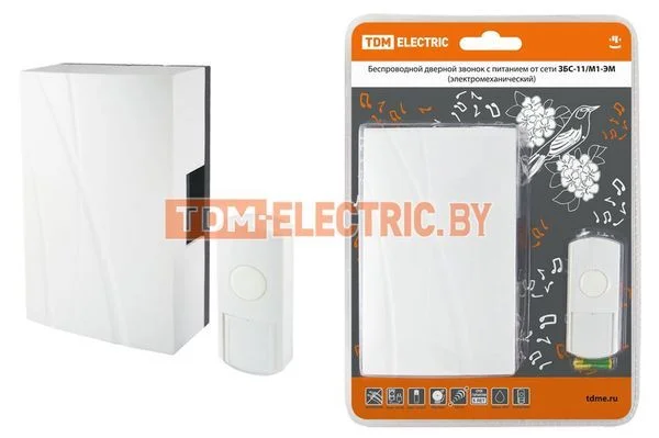 Звонок беспроводной в эл.сеть ЗБС-11/М1-ЭМ (эл.мех, кнопка IP44, AC 230V, многокодовый) TDM SQ1901-0013